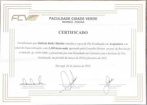 Certificado de pós-graduação em Acupuntura da Faculdade Cidade Verde