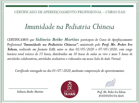 Certificado do curso Imunidade na Pediatria Chinesa do Instituto Ta Han