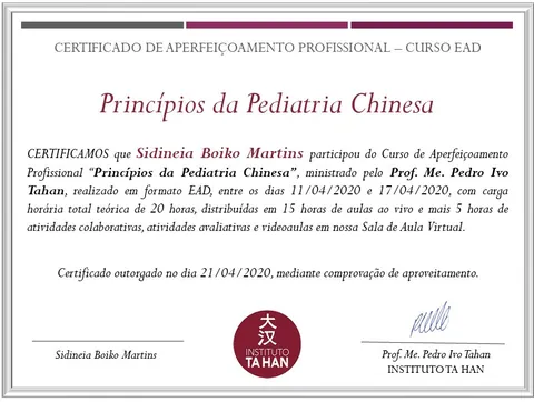 Certificado do curso Princípios da Pediatria Chinesa do Instituto Ta Han