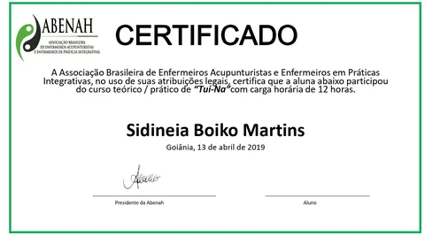 Certificado do curso de Tui-Na da ABENAH